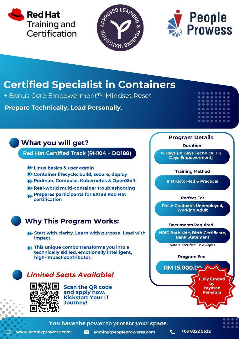 Red Hat Certified Specialist in Containers technical certification (RH104 + DO188) and the Core Empowerment